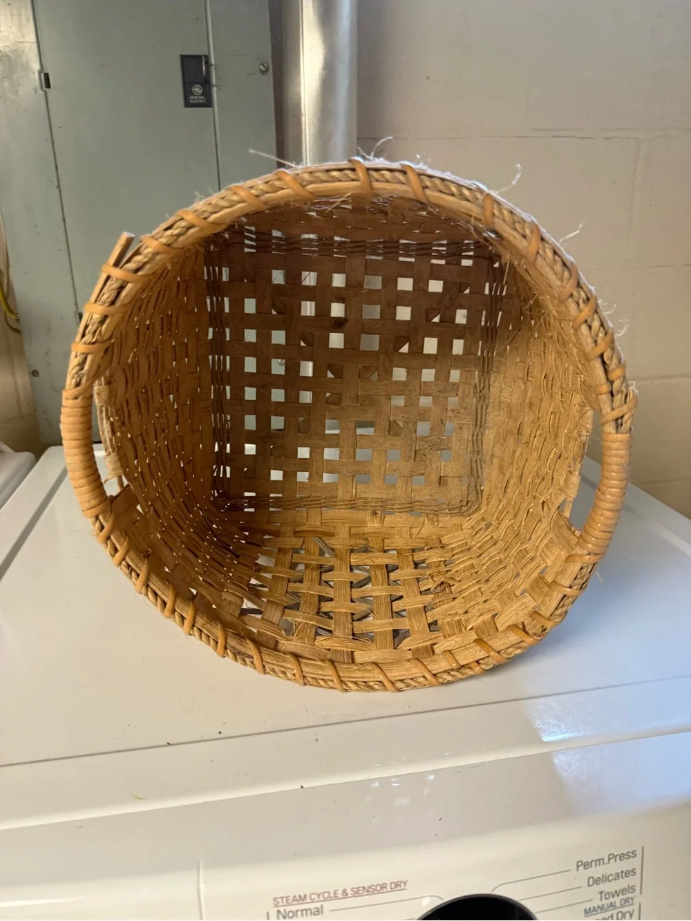 Hand Crafted Natural Woven Basket with Blue Weave Accent Country Rustic